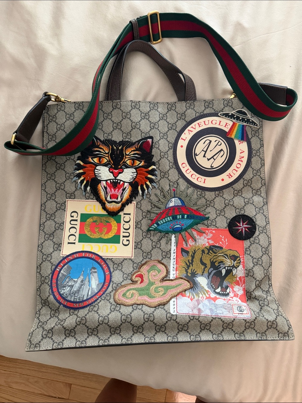 Gucci Beige GG Monogram Tote with Multicolor Patch Motifs